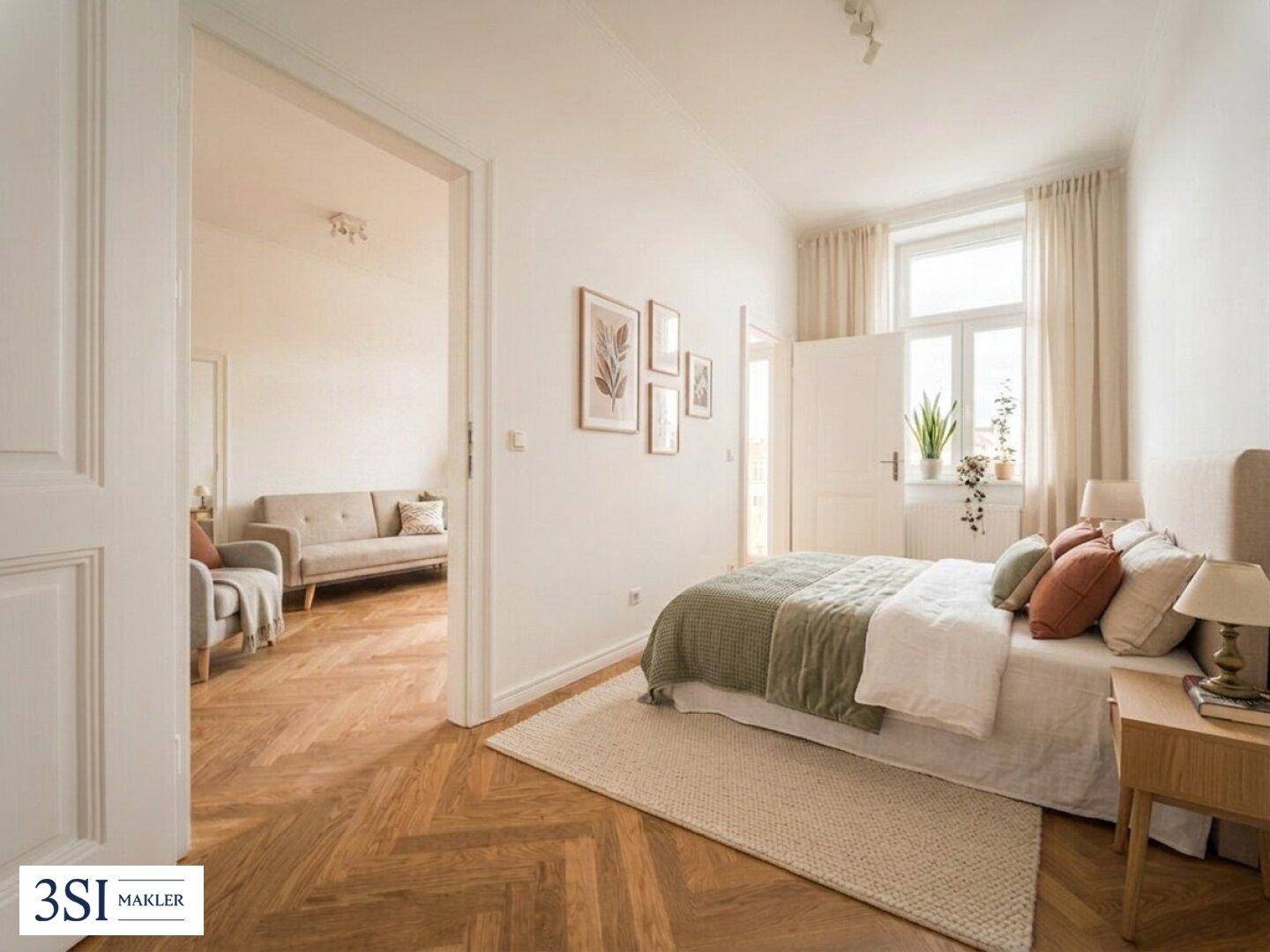 Gemütliches Schlafzimmer mit Fischgrätparkett, Zugang zu einem weiteren Raum und viel Tageslicht.