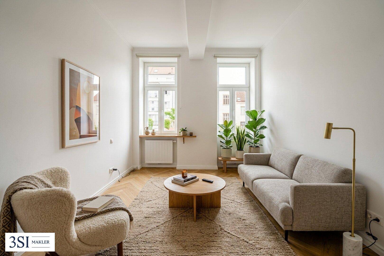 Gemütliches Wohnzimmer mit modernem Mobiliar, Fischgrätparkett und viel natürlichem Licht.