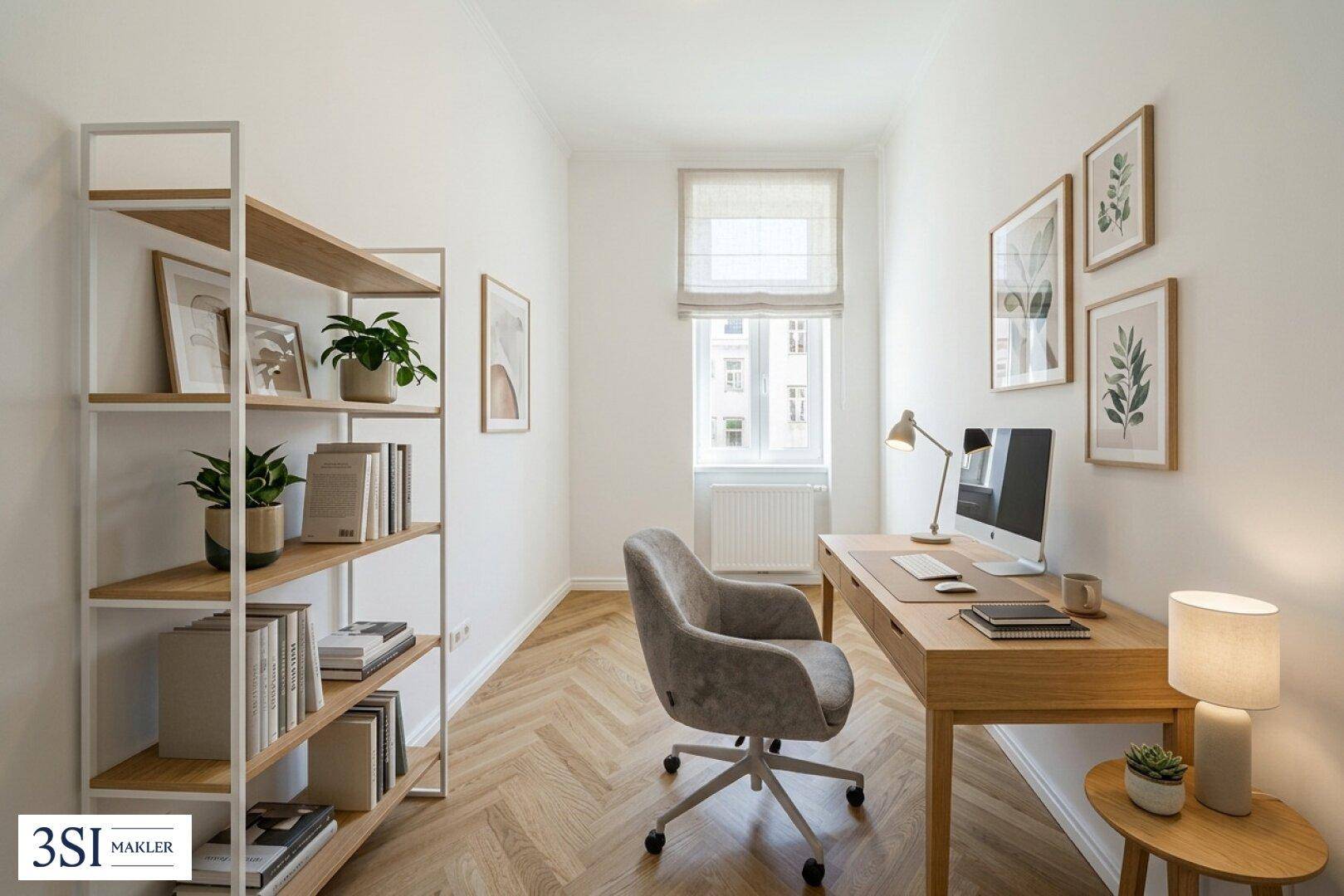 Funktionales Arbeitszimmer mit Schreibtisch, Regal und Fischgrätparkett, ideal für Home-Office.