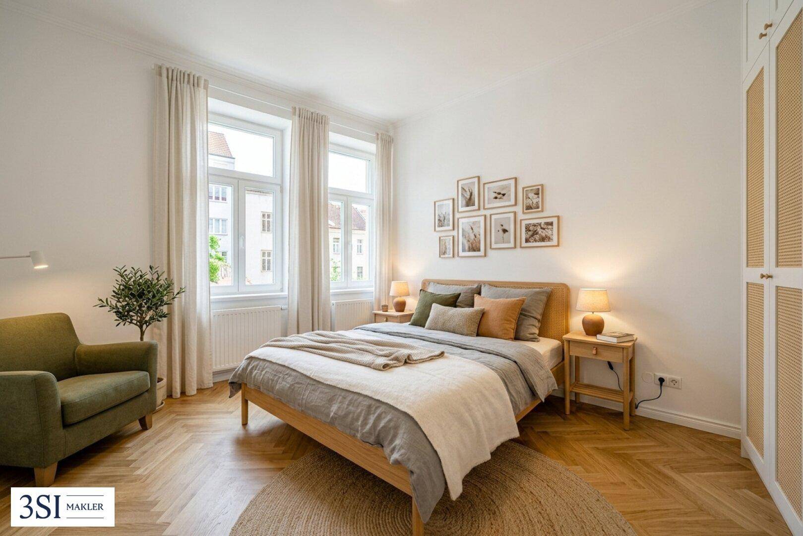 Helles Schlafzimmer mit Doppelbett, Fischgrätparkett und großen Fenstern für viel Tageslicht.