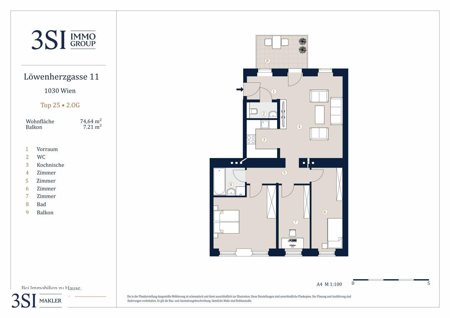 Grundriss einer 4-Zimmer-Wohnung mit Balkon, separatem WC und Kochnische.