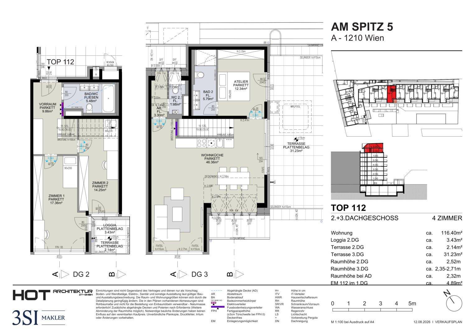 Detaillierter Grundriss der Wohnung TOP 112 über zwei Dachgeschossebenen.