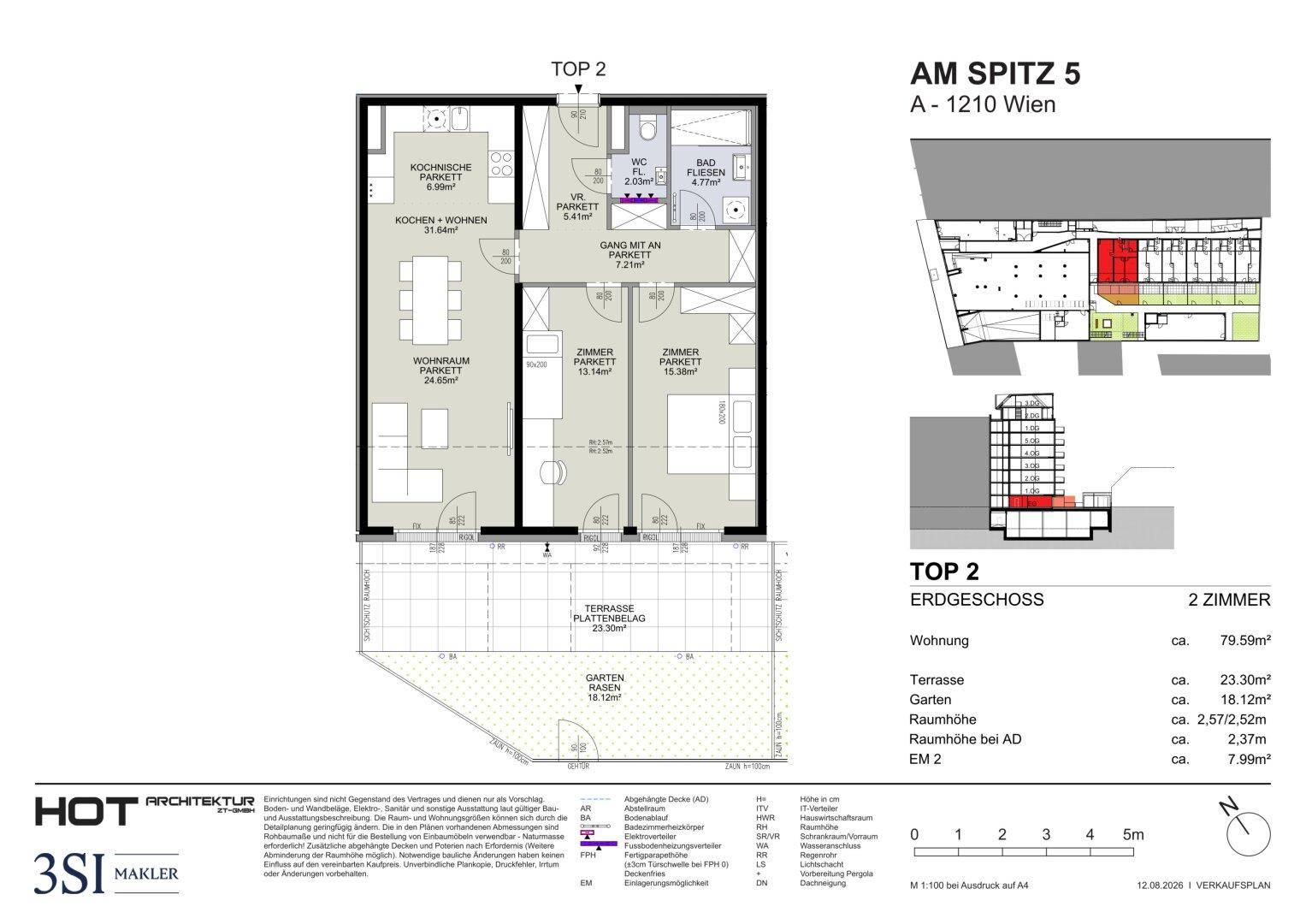 Grundriss der Wohnung TOP 2 im Erdgeschoss mit offener Wohnküche, zwei Zimmern, Terrasse und Garten.