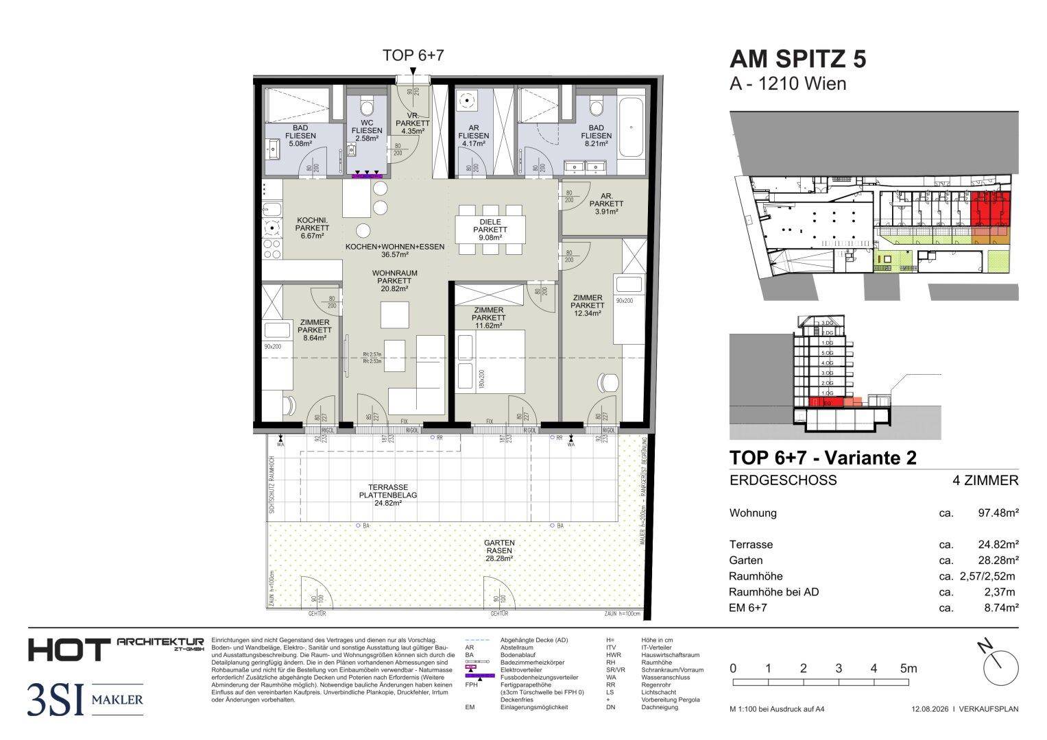 Grundriss für eine 4-Zimmer-Wohnung mit Terrasse und Garten im Erdgeschoss.
