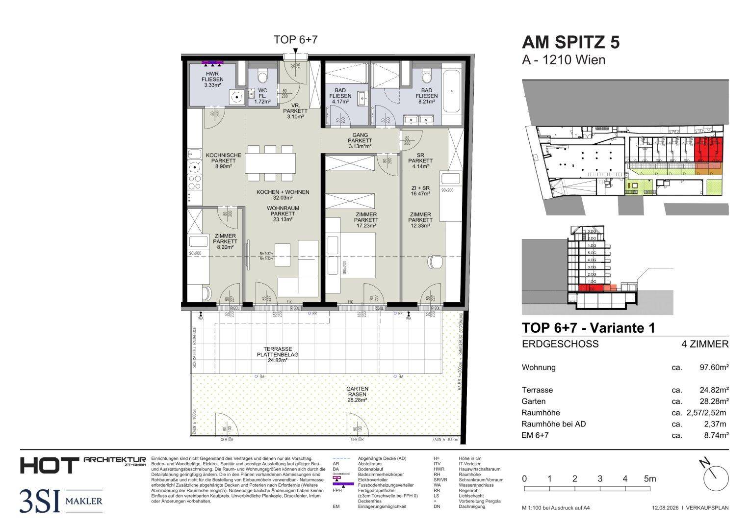 Grundriss für eine 4-Zimmer-Wohnung mit großzügiger Terrasse und Gartenbereich.