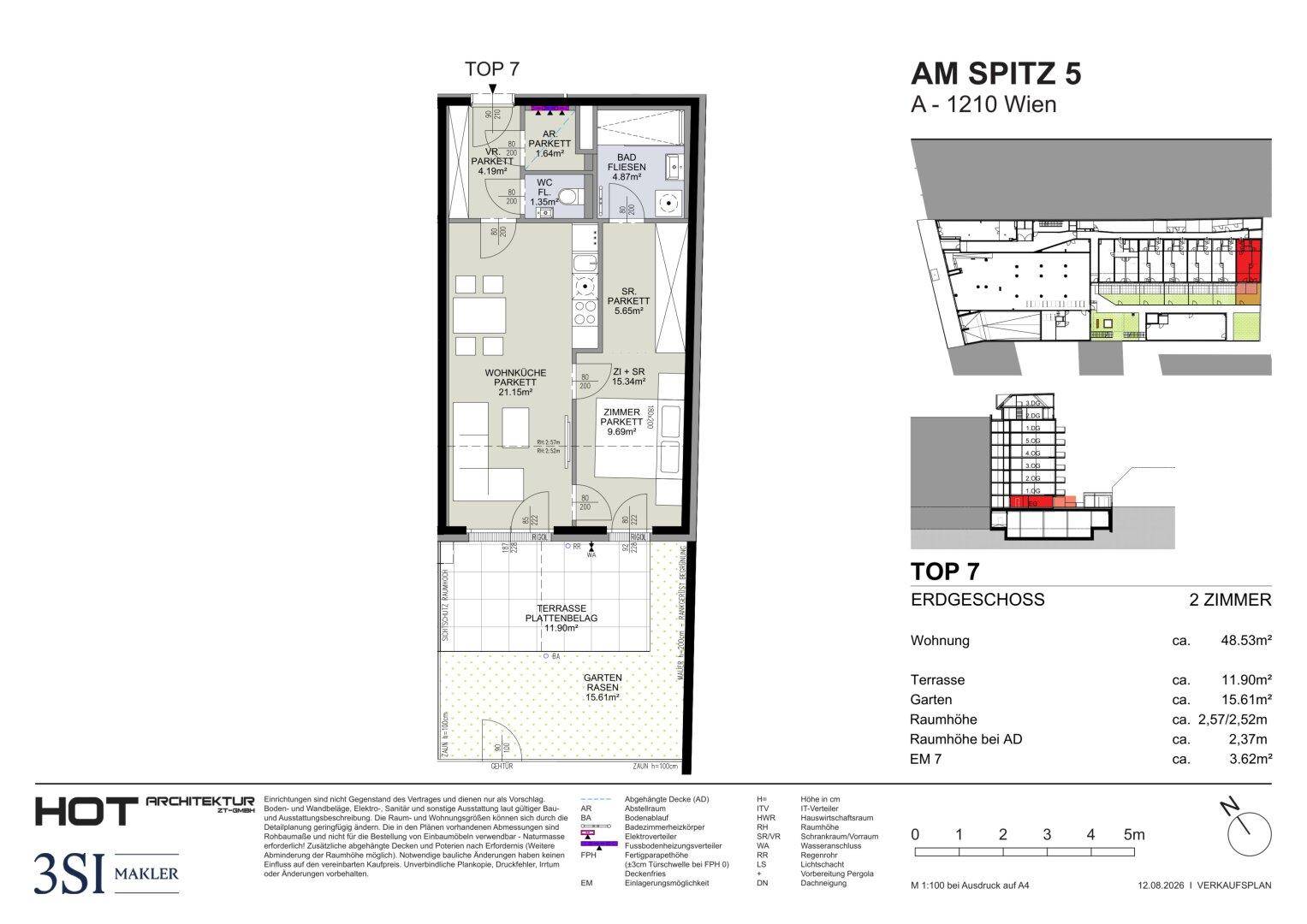Grundriss einer Erdgeschosswohnung mit offener Wohnküche, Schlafzimmer, Bad, WC, Terrasse und Garten.