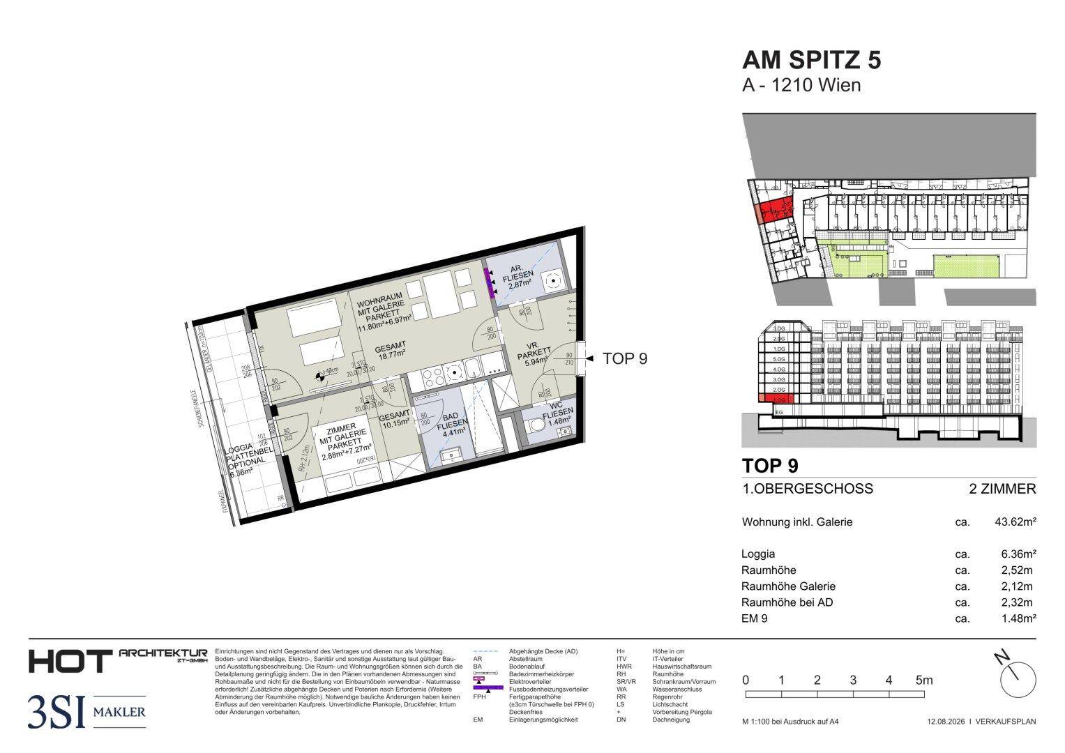 Grundriss der Wohnung Top 9 im 1. Obergeschoss mit Loggia und offenem Wohnbereich.