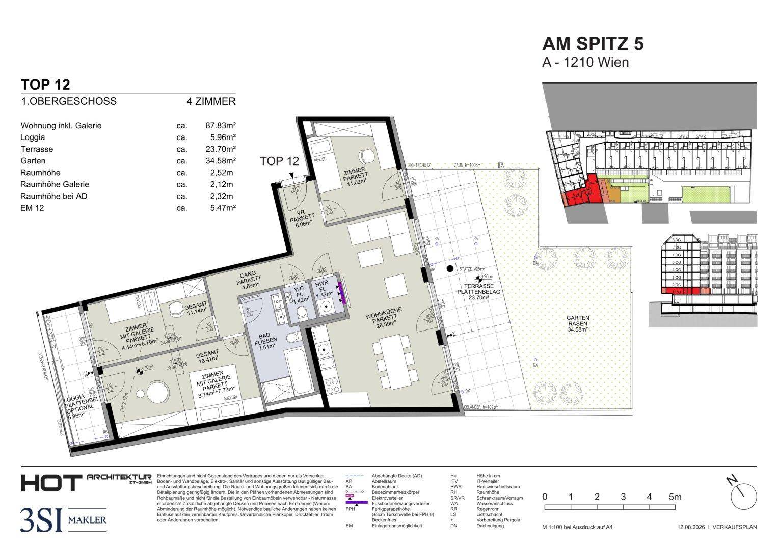 Detaillierter Grundriss einer Wohnung mit mehreren Zimmern, Terrasse und Gartenbereich.