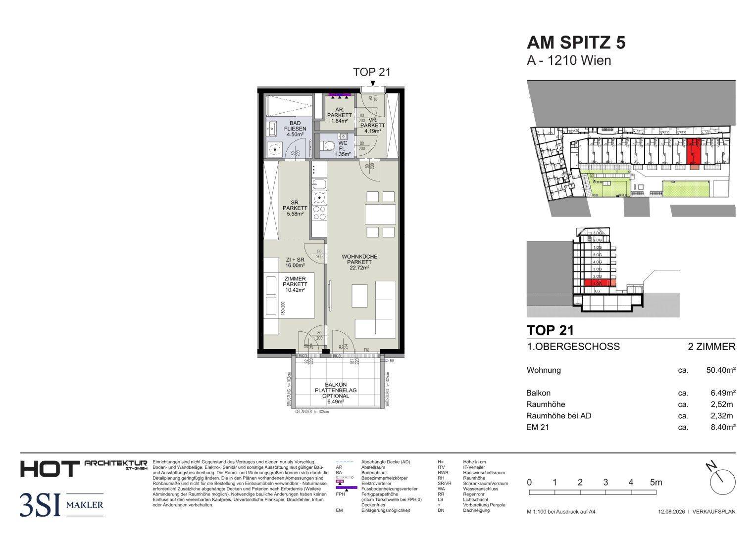 Grundriss einer 2-Zimmer-Wohnung im Obergeschoss mit Balkon und separatem WC.