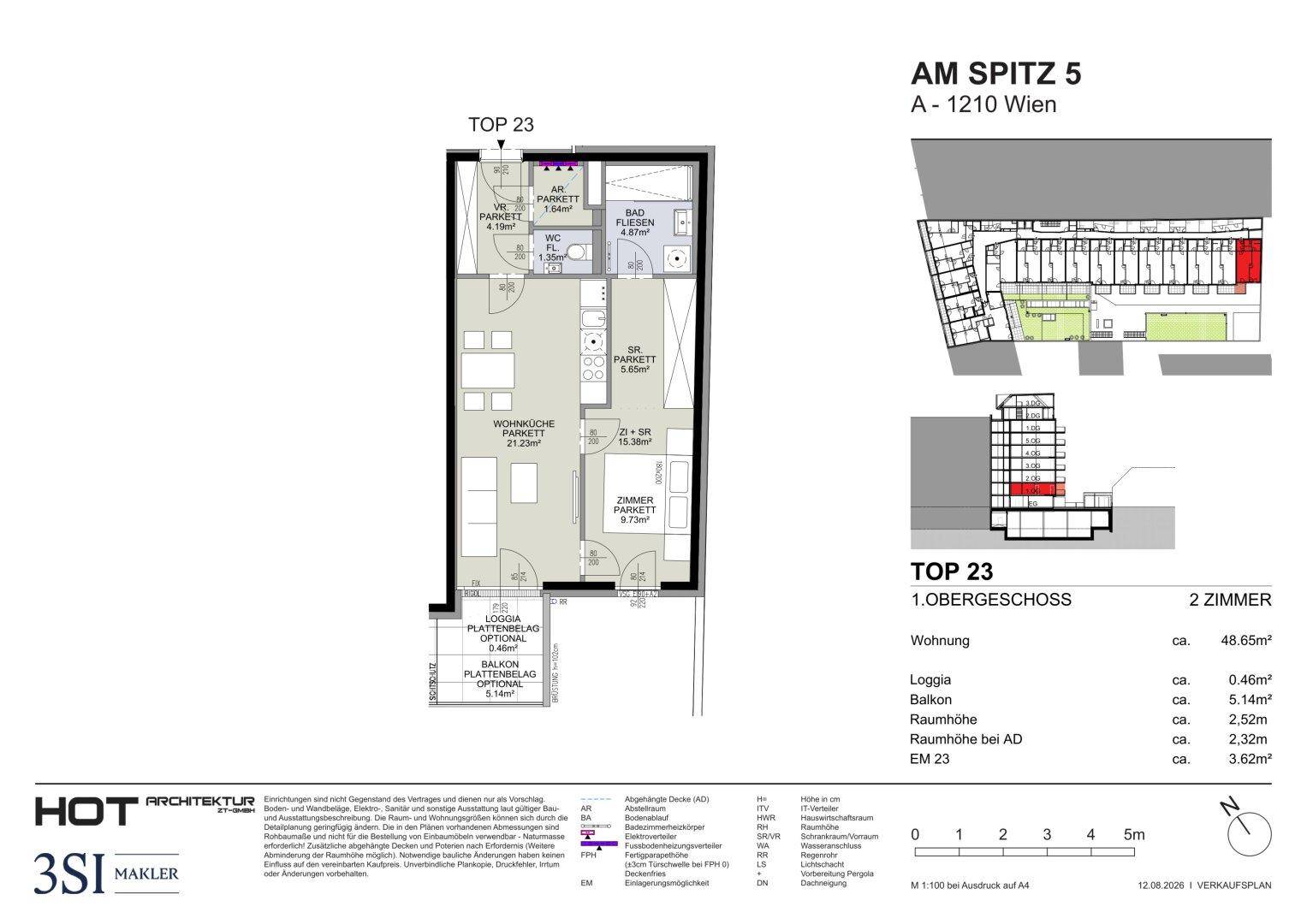Grundriss der Wohnung TOP 23 im ersten Obergeschoss mit Loggia und Balkon.