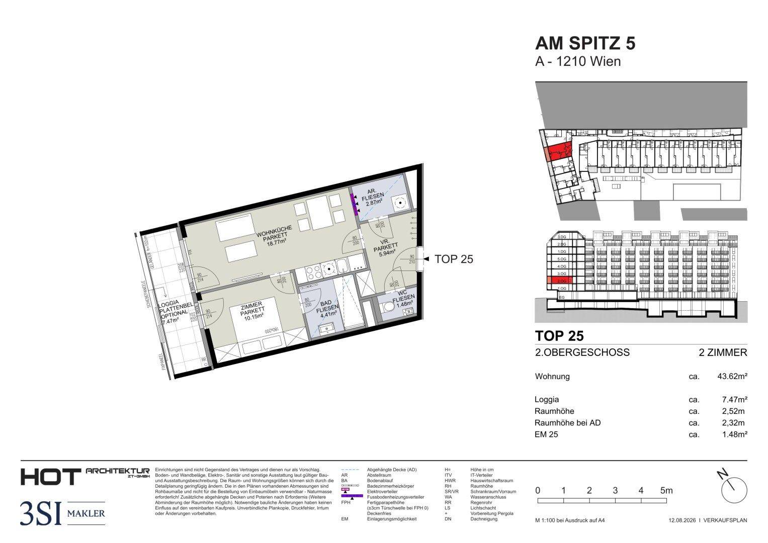 Detaillierter Grundriss einer Wohnung mit Wohnküche, Schlafzimmer und Loggia.