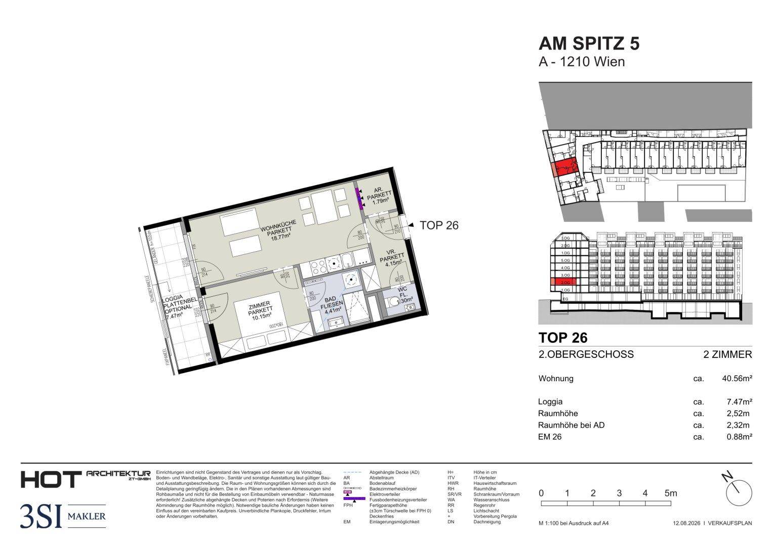 Grundriss der Wohnung Top 26 im zweiten Obergeschoss mit Loggia und zwei Zimmern.