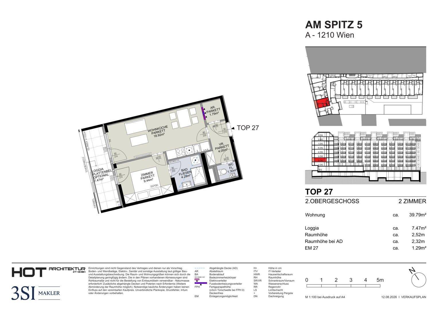 Grundriss einer Wohnung mit offener Wohnküche, einem Schlafzimmer, Bad, separatem WC und Loggia.
