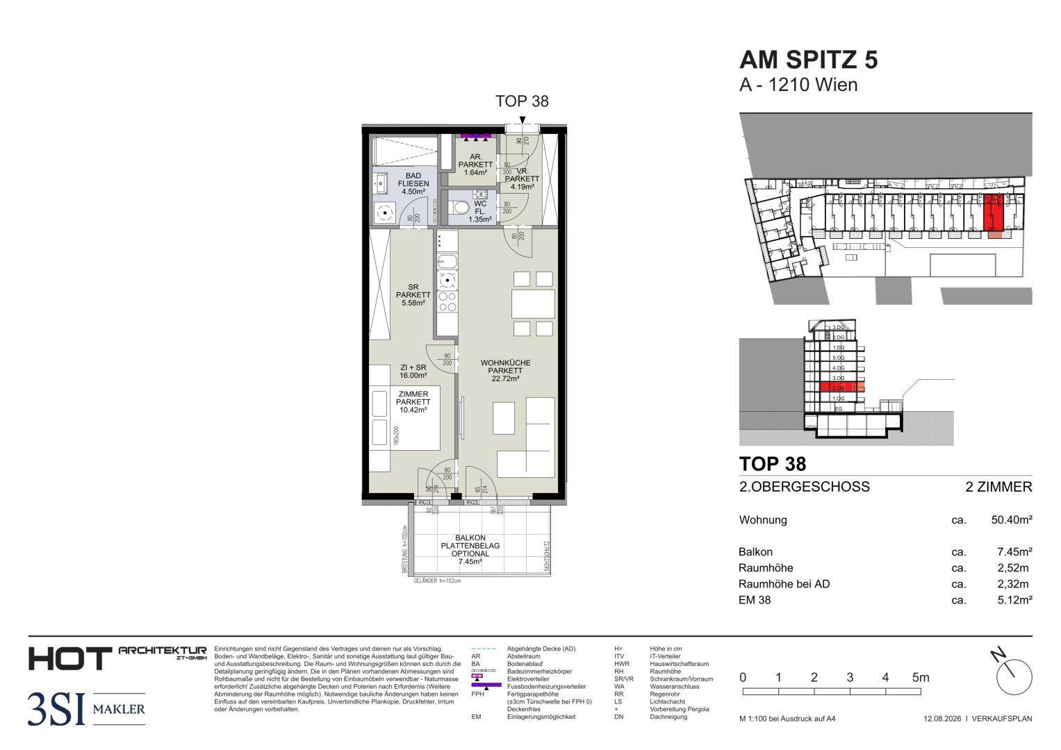 Grundriss der Wohnung Top 38 im zweiten Obergeschoss mit Balkon, offener Wohnküche und separatem WC.