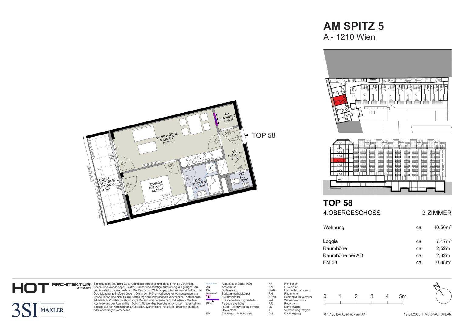 Grundriss der Wohnung Top 58 im 4. Obergeschoss mit Loggia und zwei Zimmern.