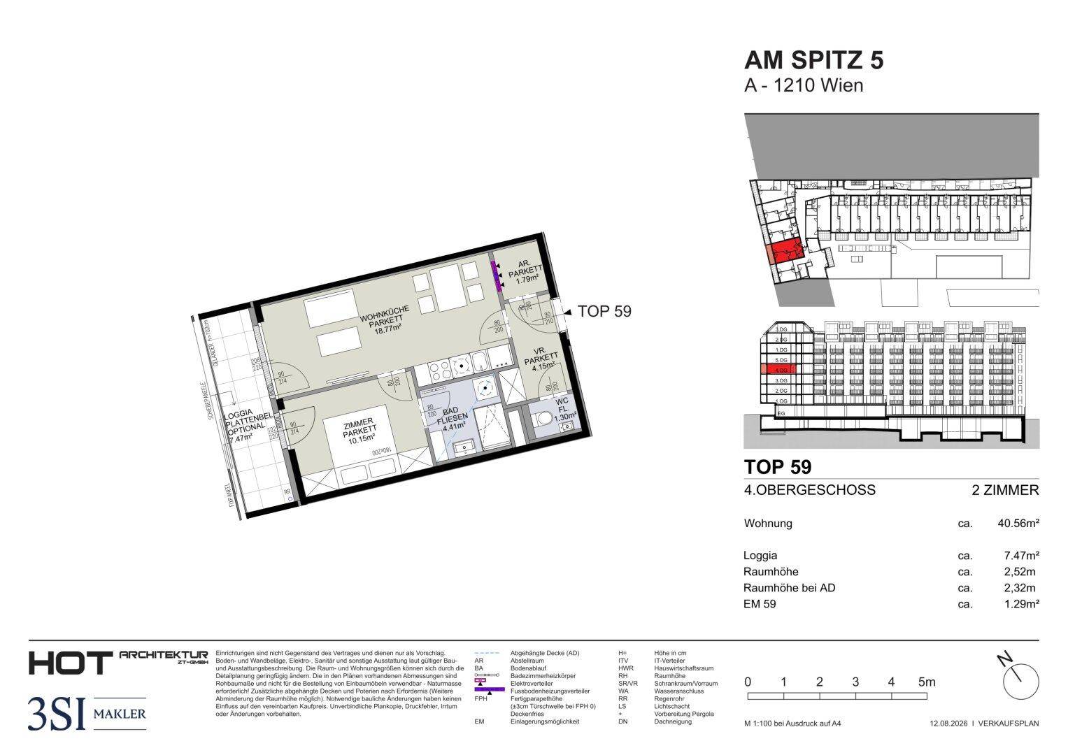 Grundriss der Wohnung TOP 59 im 4. Obergeschoss mit zwei Zimmern und einer Loggia.