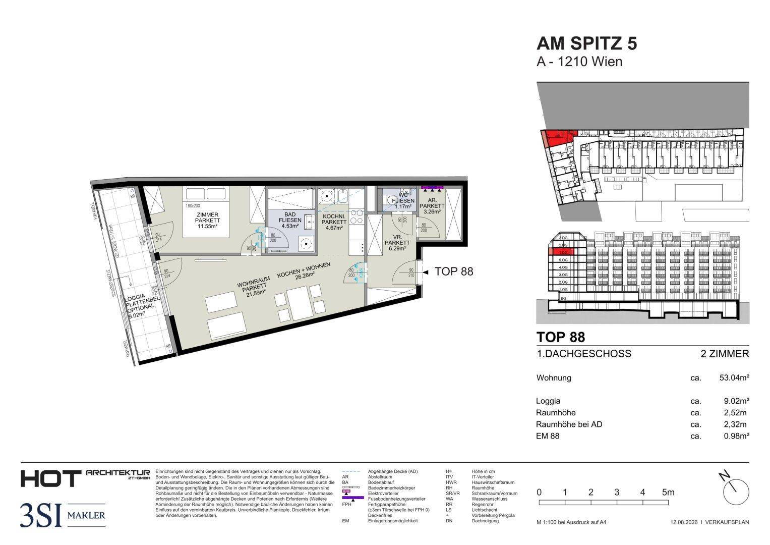 Grundriss der Wohnung TOP 88 mit zwei Zimmern, Loggia, Bad und separatem WC.