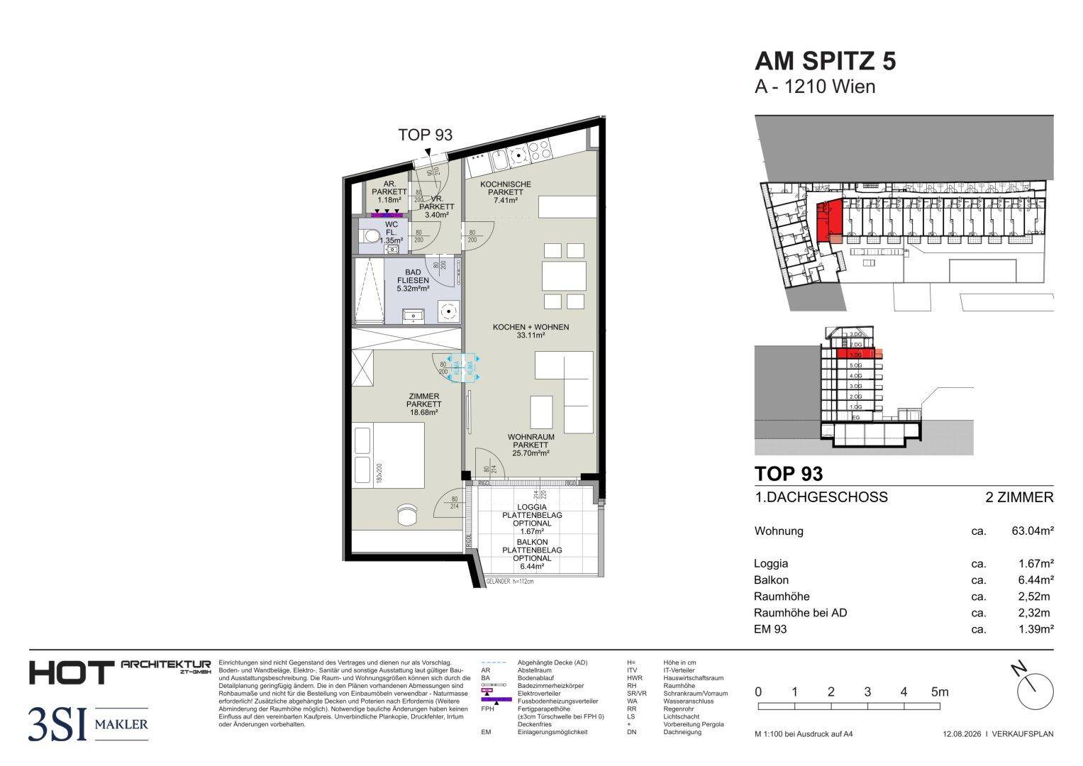 Grundriss der Wohnung TOP 93 im Dachgeschoss mit Loggia und offenem Wohnbereich.