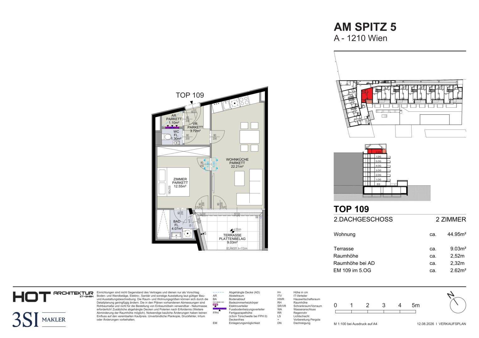 Grundriss der 2-Zimmer-Wohnung TOP 109 mit Wohnbereich, Schlafzimmer und Terrasse.