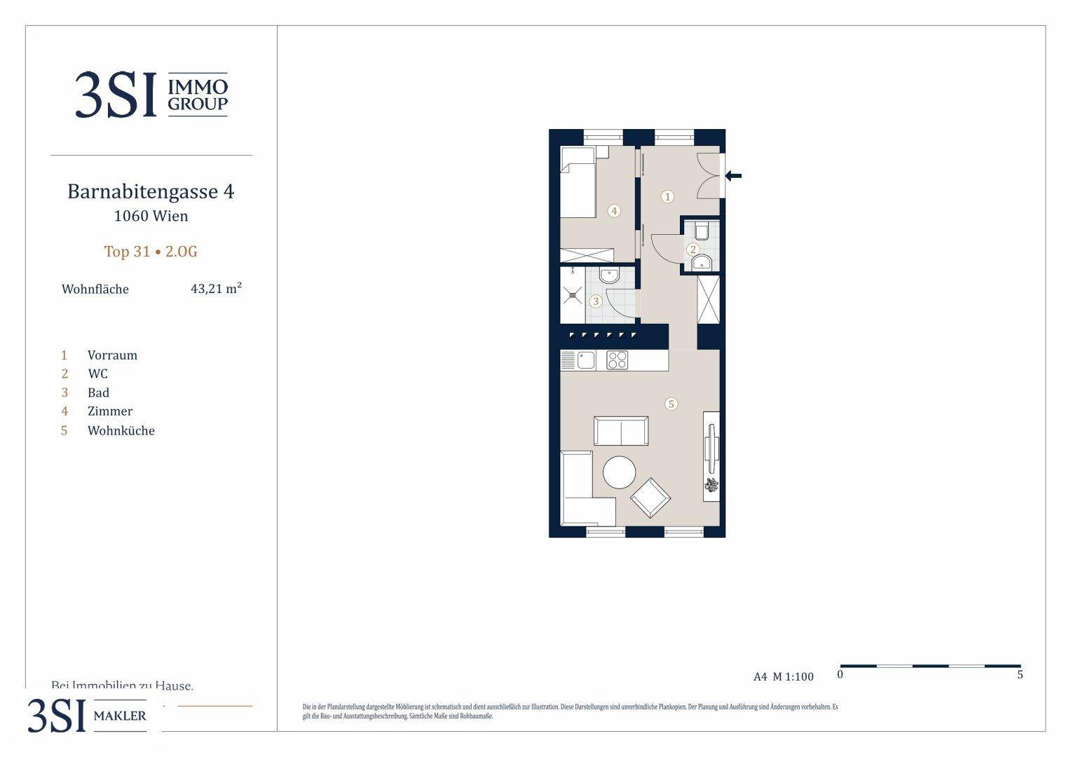 Detaillierter Grundriss einer kompakten Wohnung mit offenem Wohnbereich, Schlafzimmer und separatem WC.