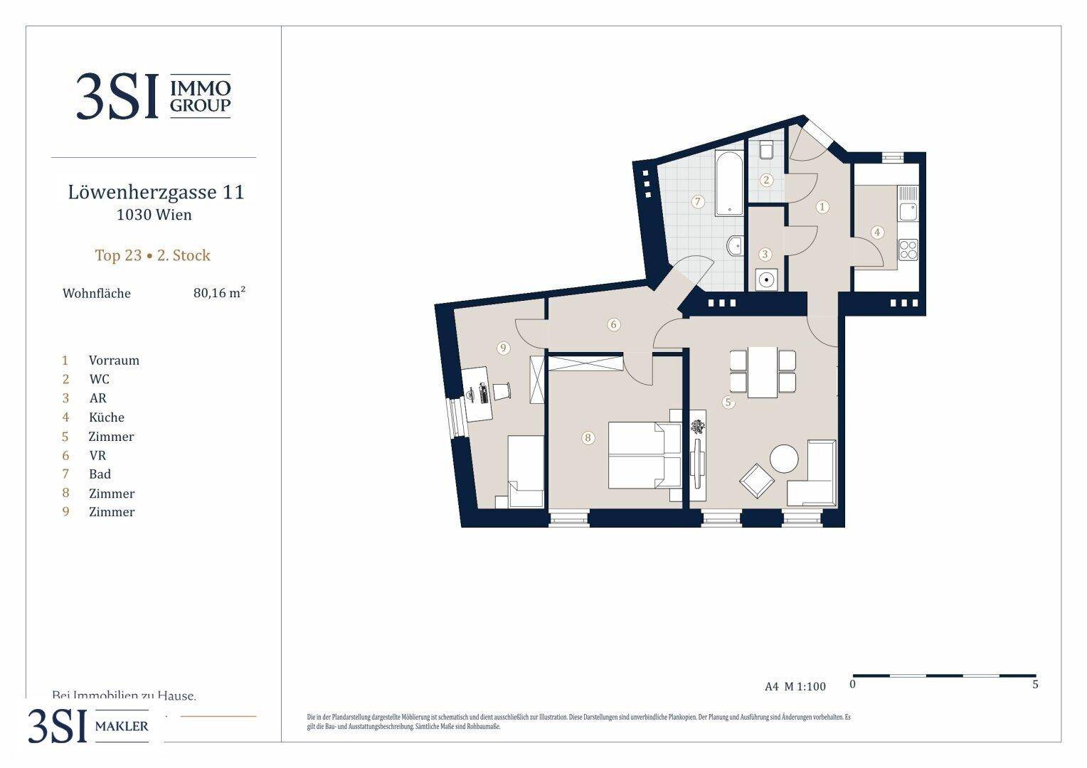 Grundriss einer Wohnung mit 80,16 m² Wohnfläche, mehreren Zimmern und Bädern.