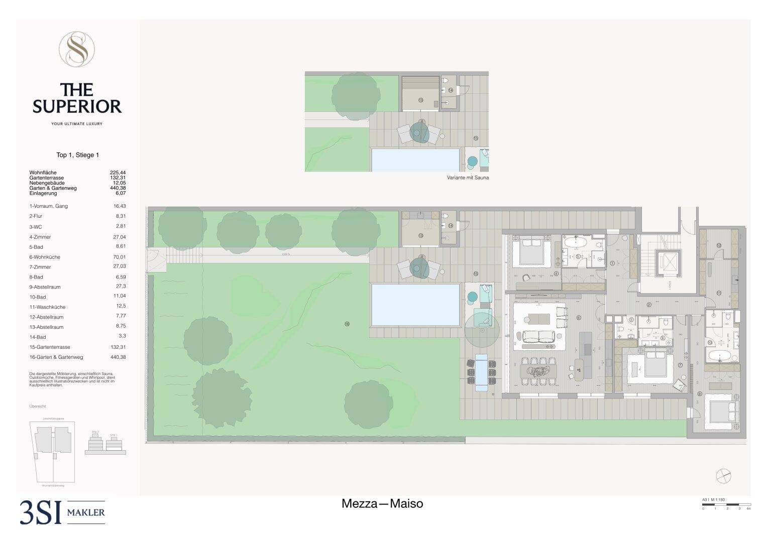 Großzügiger Grundriss einer Maisonette-Wohnung mit mehreren Schlafzimmern, offenem Wohnbereich, großem Garten, Terrasse und Pool.