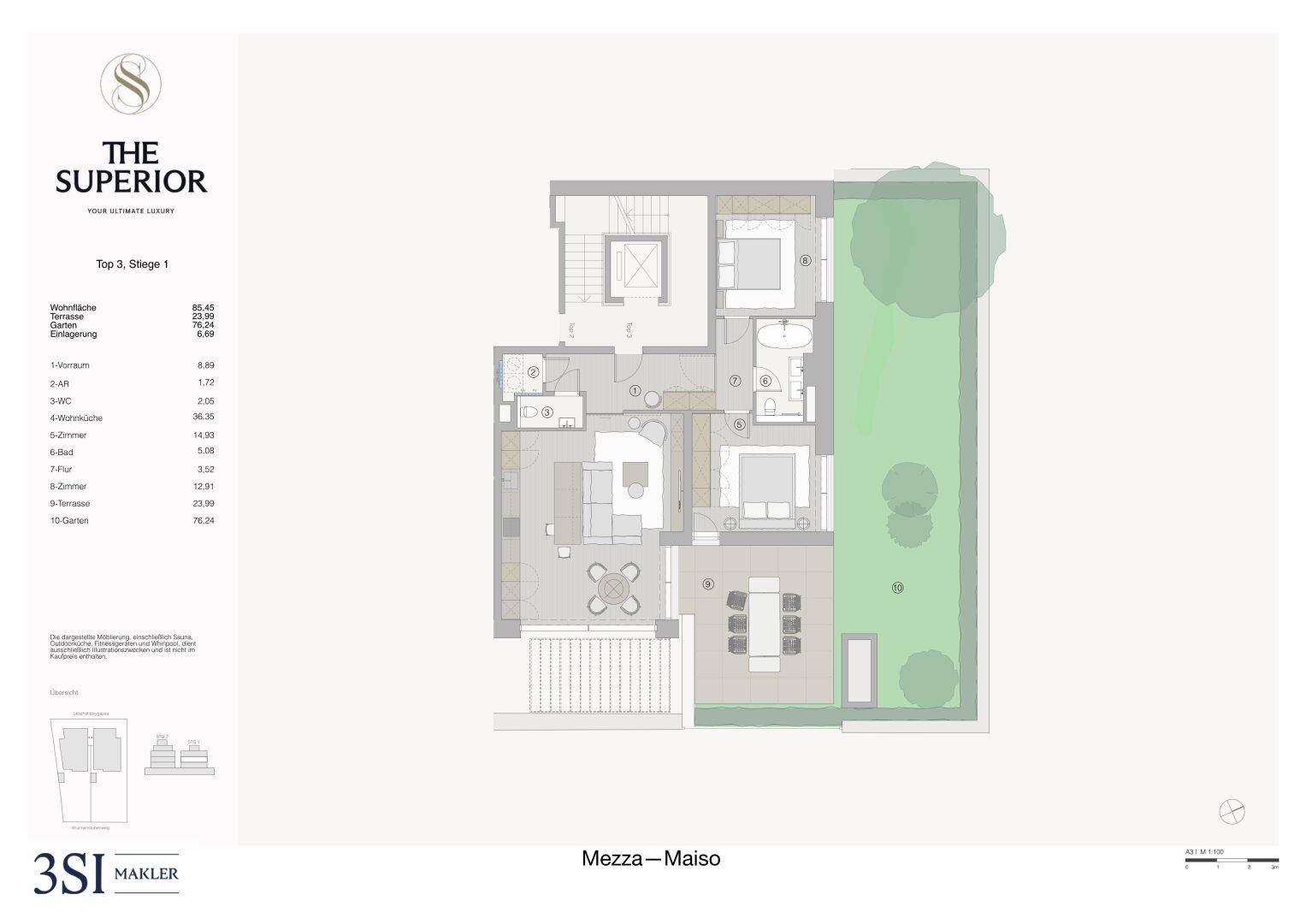 Grundriss einer Maisonette-Wohnung mit offenem Wohnbereich, zwei Schlafzimmern, zwei Bädern, Terrasse und Garten.