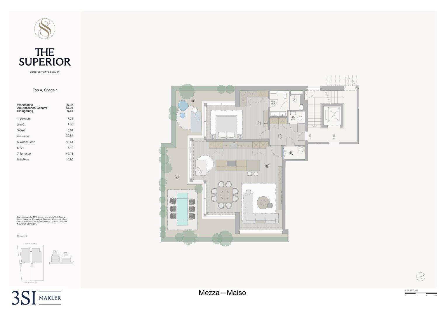 Detaillierter Grundriss einer Maisonette-Wohnung mit offenem Wohnbereich, Schlafzimmer, Bad und großer Terrasse mit Whirlpool.