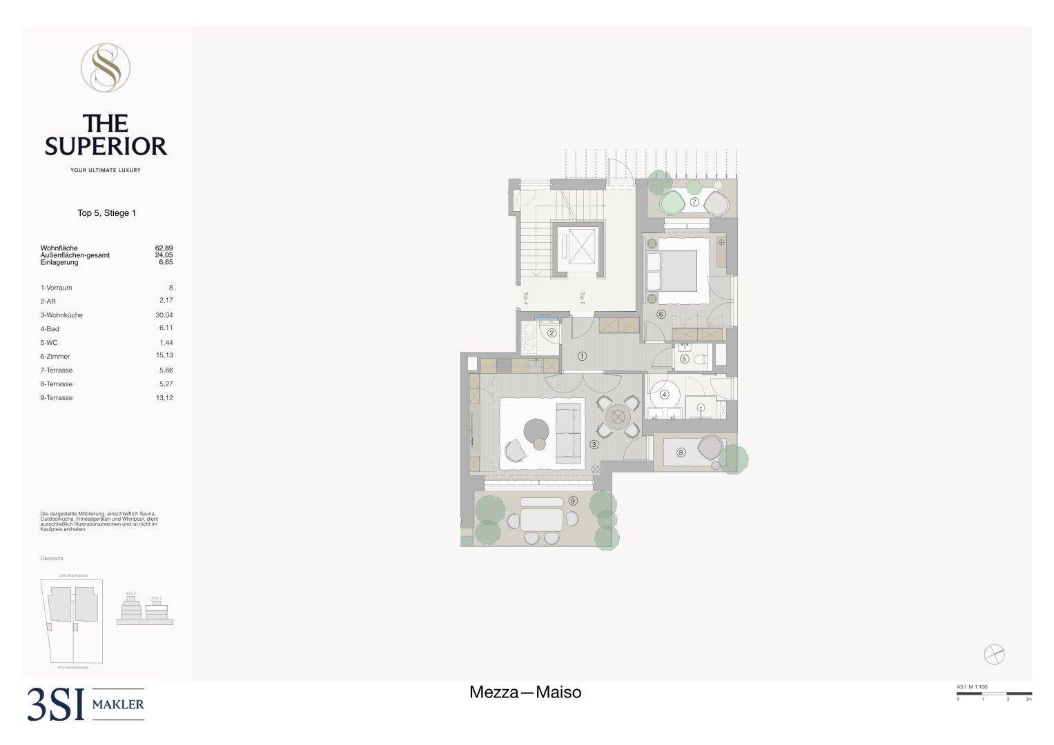 Grundriss einer Maisonette-Wohnung mit offenem Wohnbereich, zwei Schlafzimmern, zwei Bädern und mehreren Terrassen.
