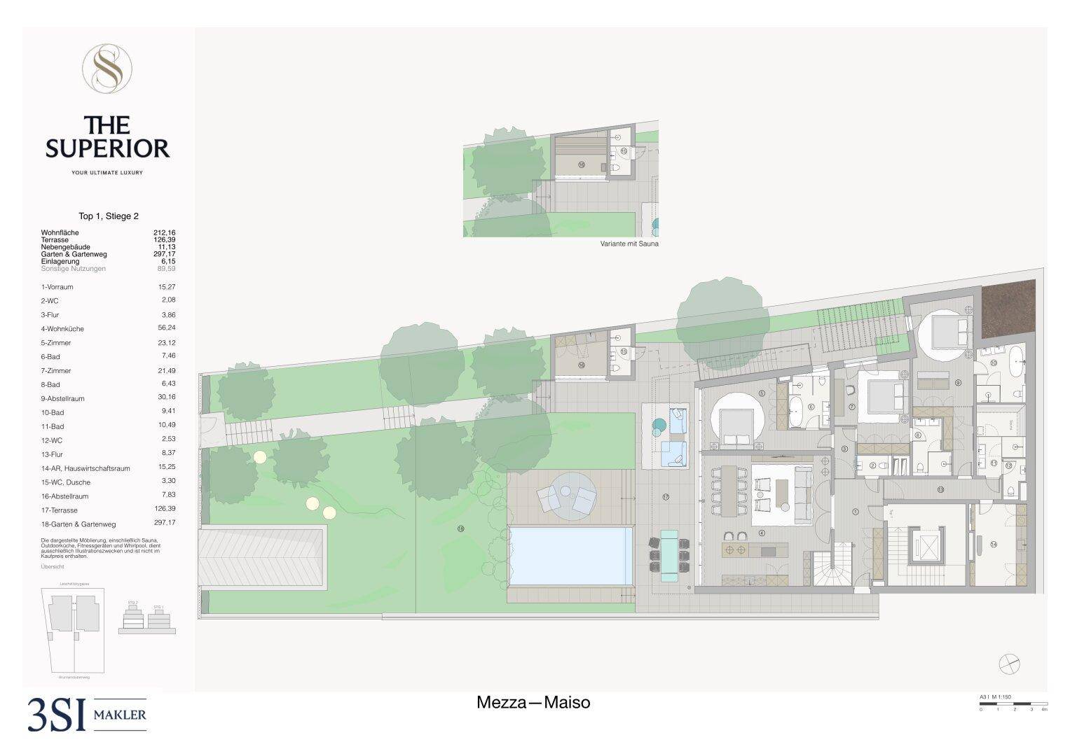 Detaillierter Grundriss mit großem Garten, Pool, Terrasse und separatem Saunabereich.