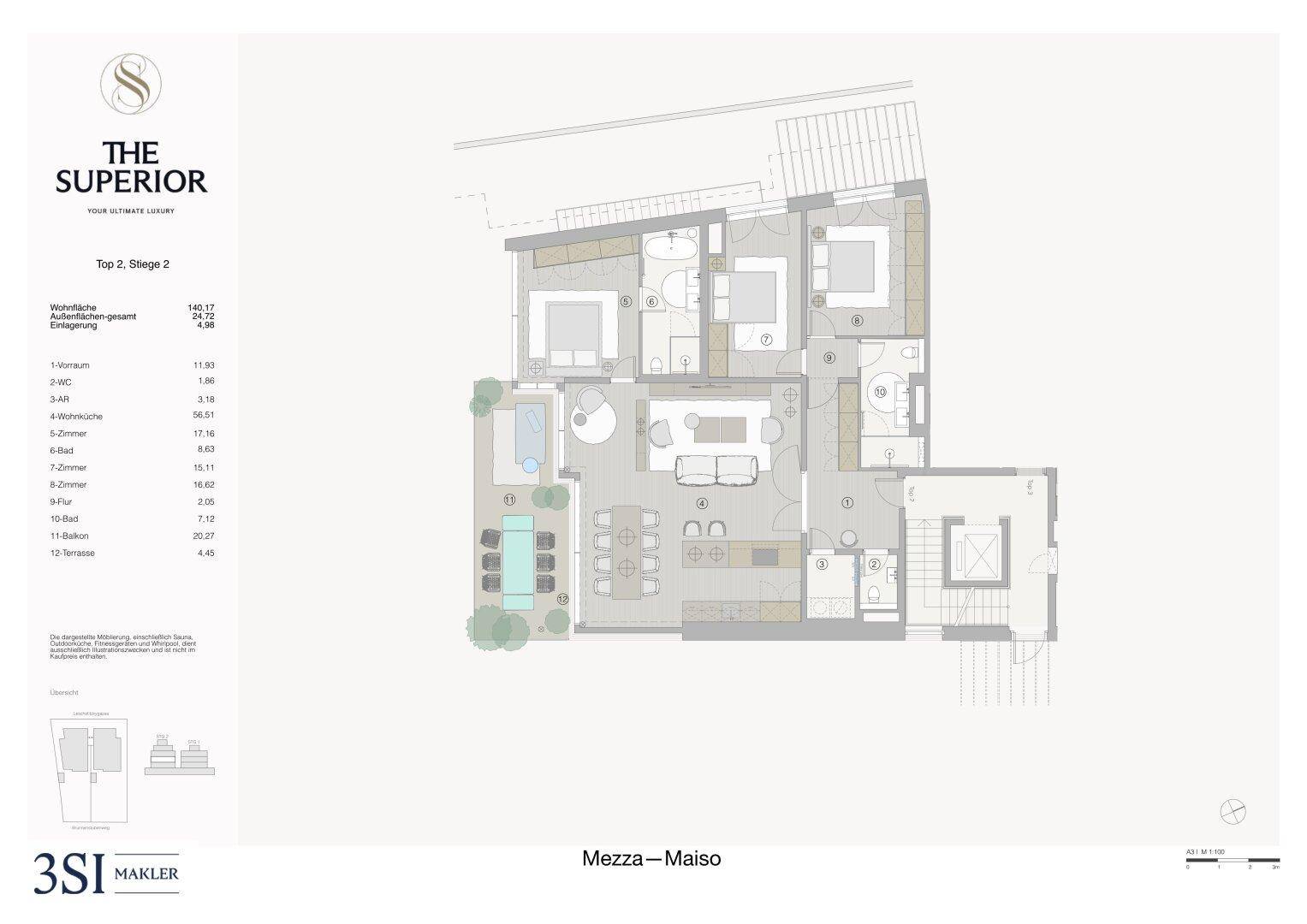 Grundriss einer luxuriösen Maisonette-Wohnung mit offenem Wohnbereich, drei Schlafzimmern, mehreren Bädern und großer Terrasse mit Pool.