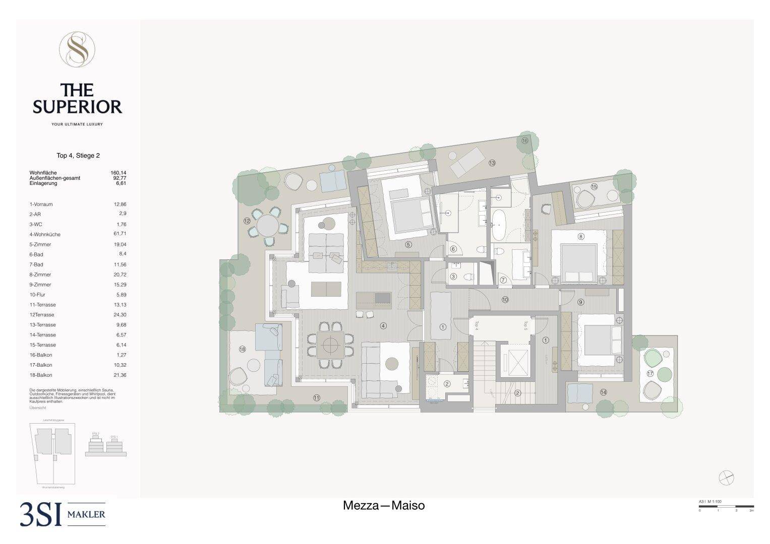Grundriss einer Maisonette-Wohnung mit offenem Wohnbereich, mehreren Schlafzimmern, Bädern und großzügigen Terrassen und Balkonen.