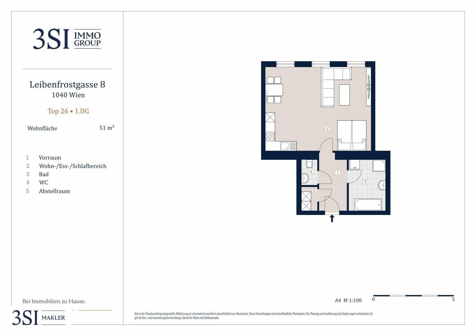 Grundriss einer 51 m² großen Wohnung mit Wohn-/Essbereich, Bad und Abstellraum.