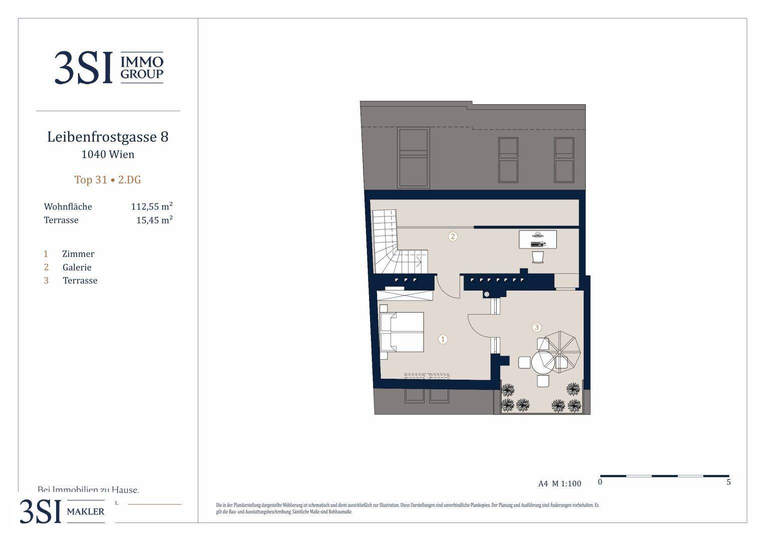 Grundriss der zweiten Ebene mit Zimmer, Galerie und Zugang zur Dachterrasse.