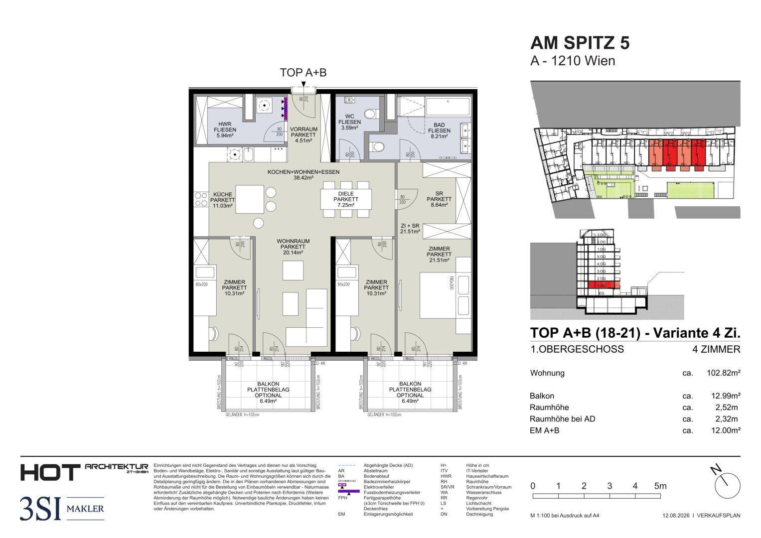 Grundriss einer 4-Zimmer-Wohnung im Obergeschoss mit Balkonen und offener Wohnküche.