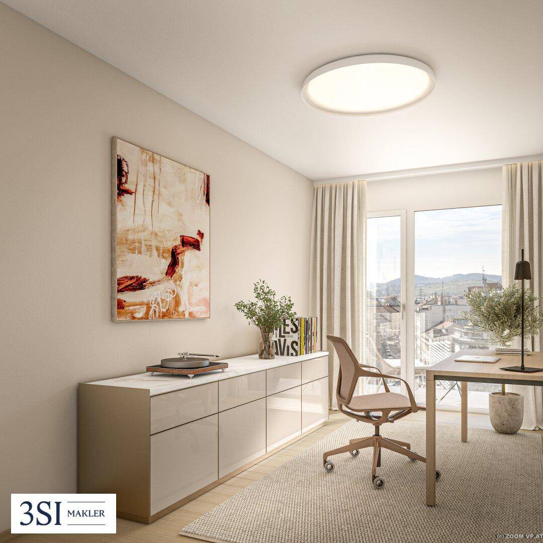 Modernes Arbeitszimmer mit großem Fenster, Schreibtisch und Blick auf die Stadt.