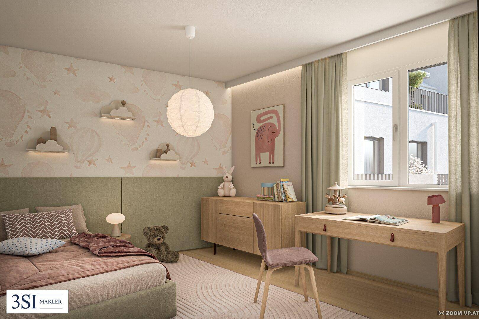 Kinderzimmer mit spielerischer Tapete, kleinem Bett, Schreibtisch und viel natürlichem Licht.