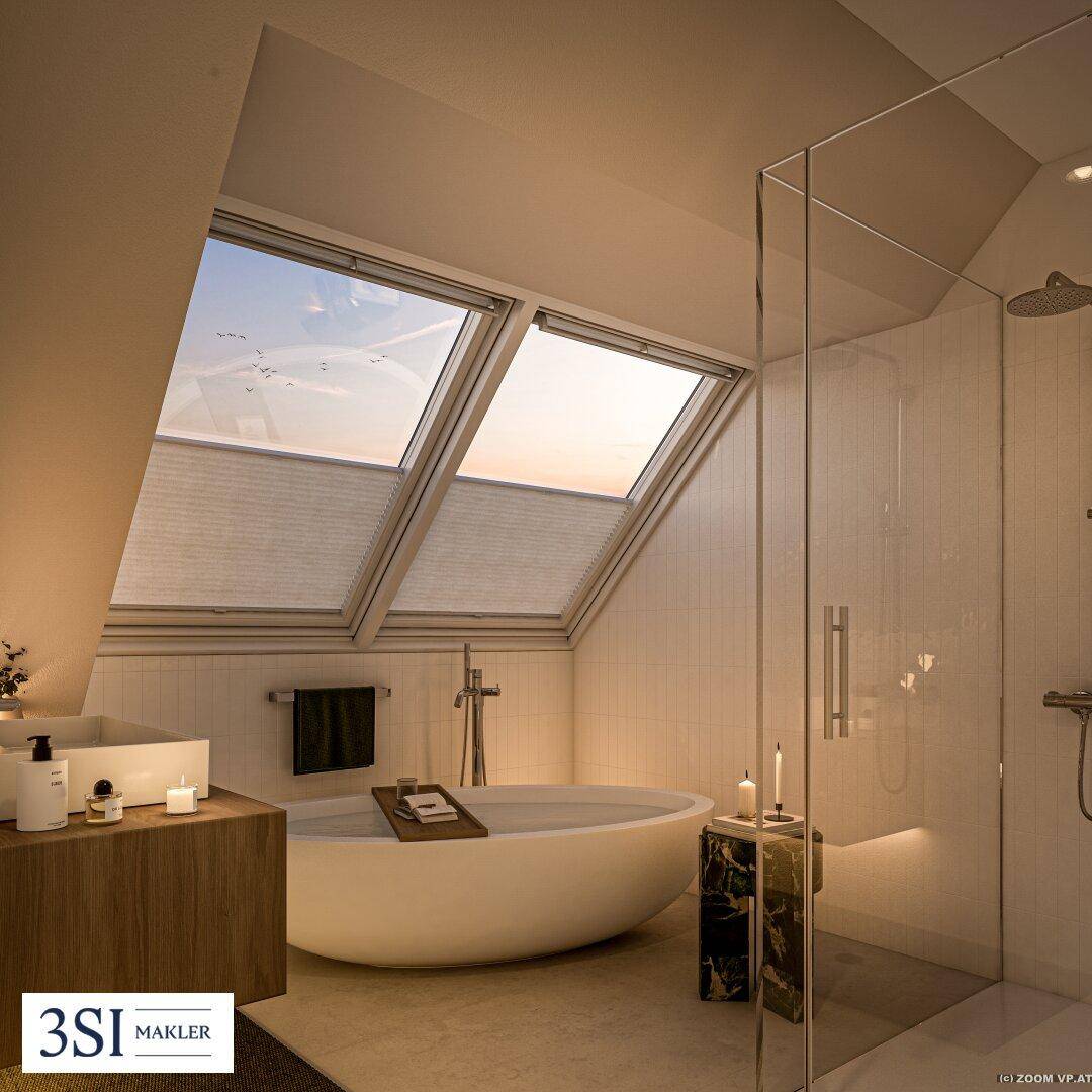 Luxuriöses Badezimmer mit freistehender Badewanne, begehbarer Dusche und Dachfenstern.