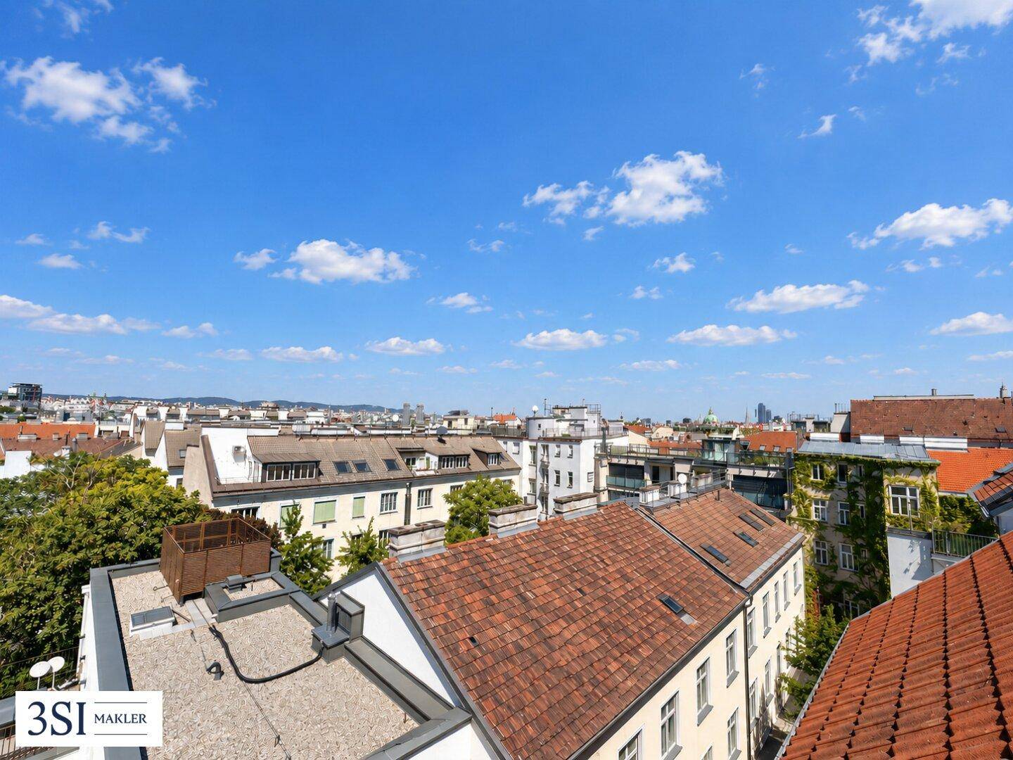 Panoramablick über die Dächer der Stadt mit historischer Architektur und weitem Horizont.