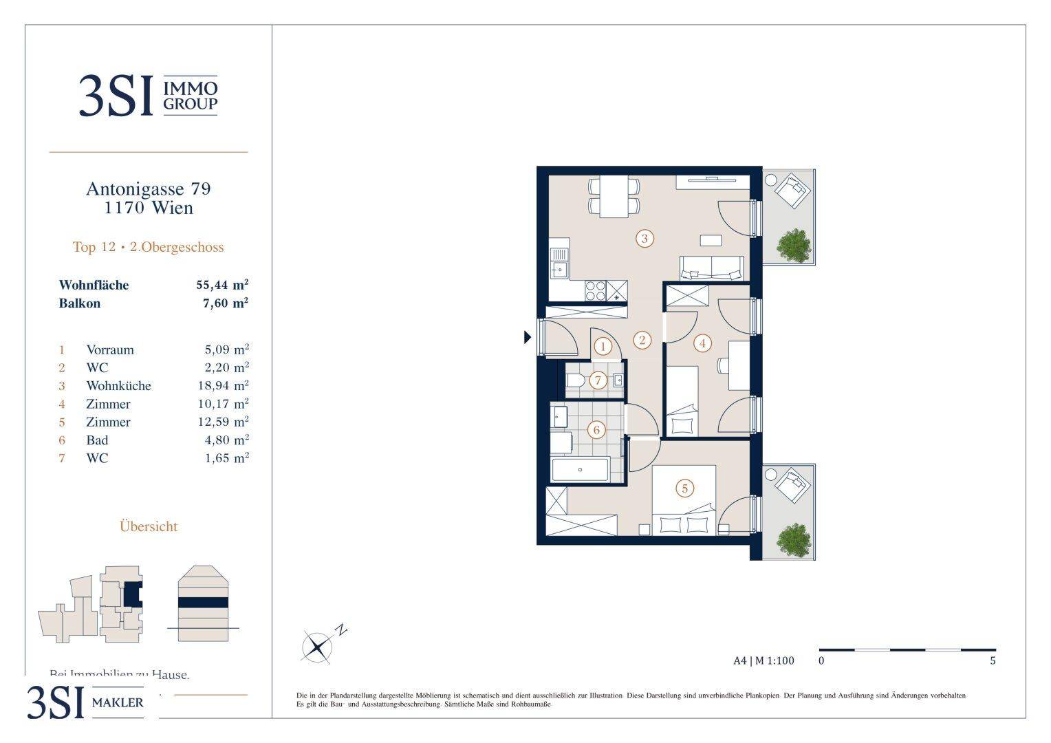 Grundriss der Wohnung Top 12 im 2. Obergeschoss mit Balkon und zwei separaten WCs.