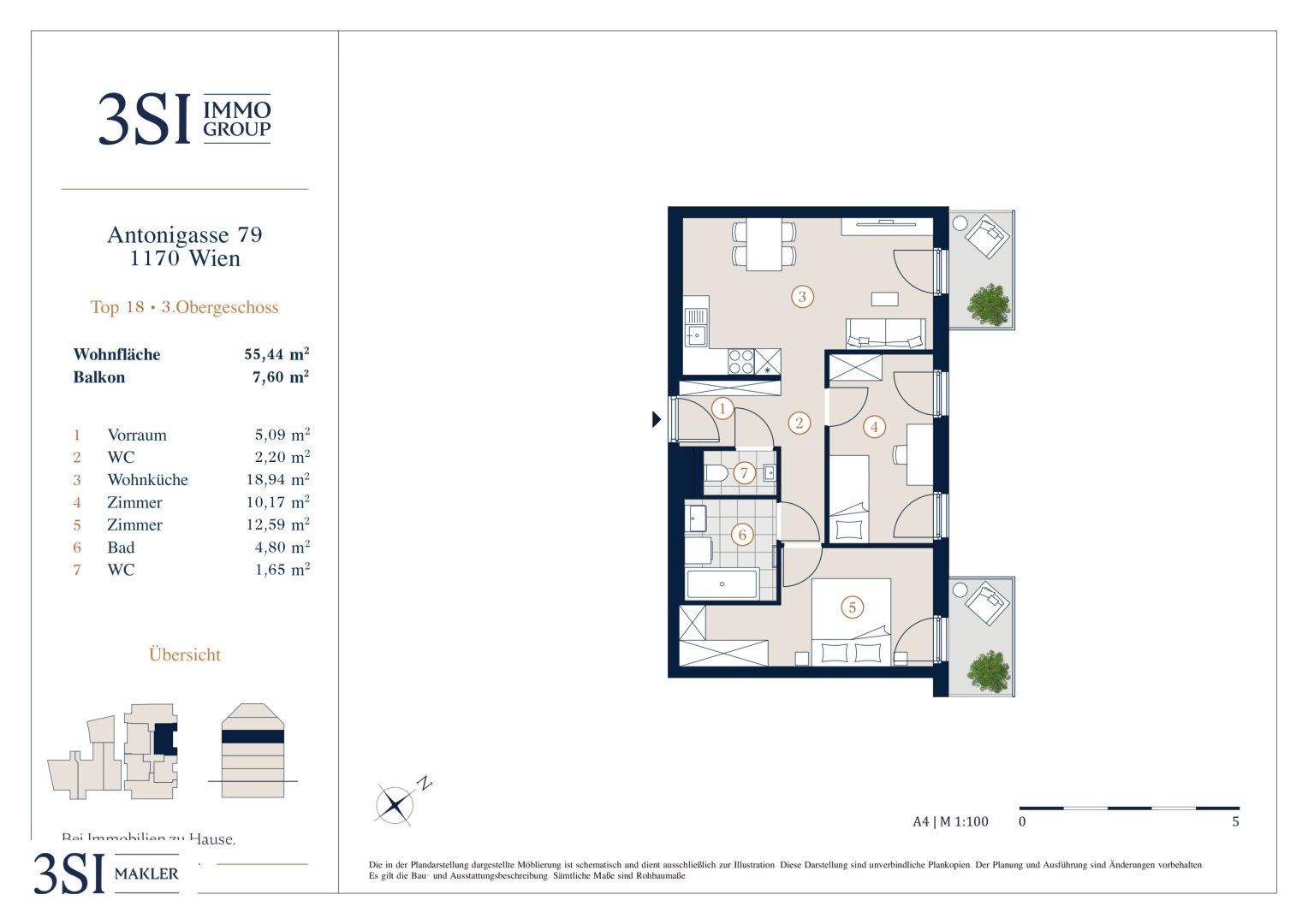 Grundriss der Wohnung im 3. Obergeschoss mit Balkon und zwei WCs.