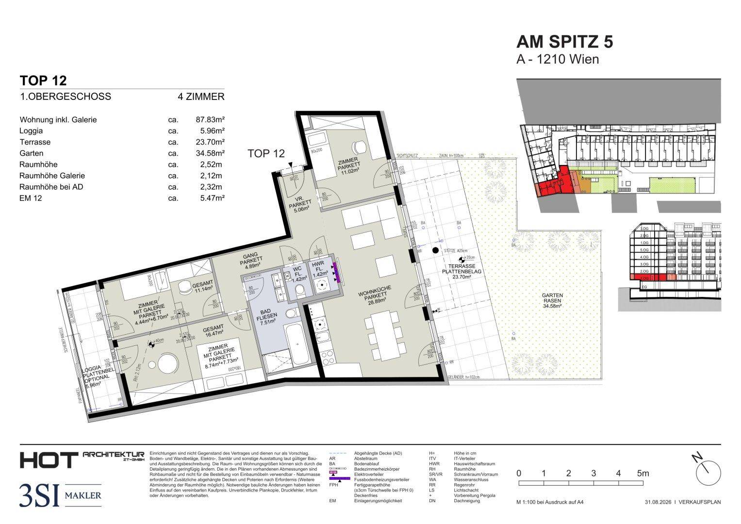 Übersichtlicher Grundriss einer modernen 4-Zimmer-Wohnung mit offener Wohnküche, Terrasse und Garten.