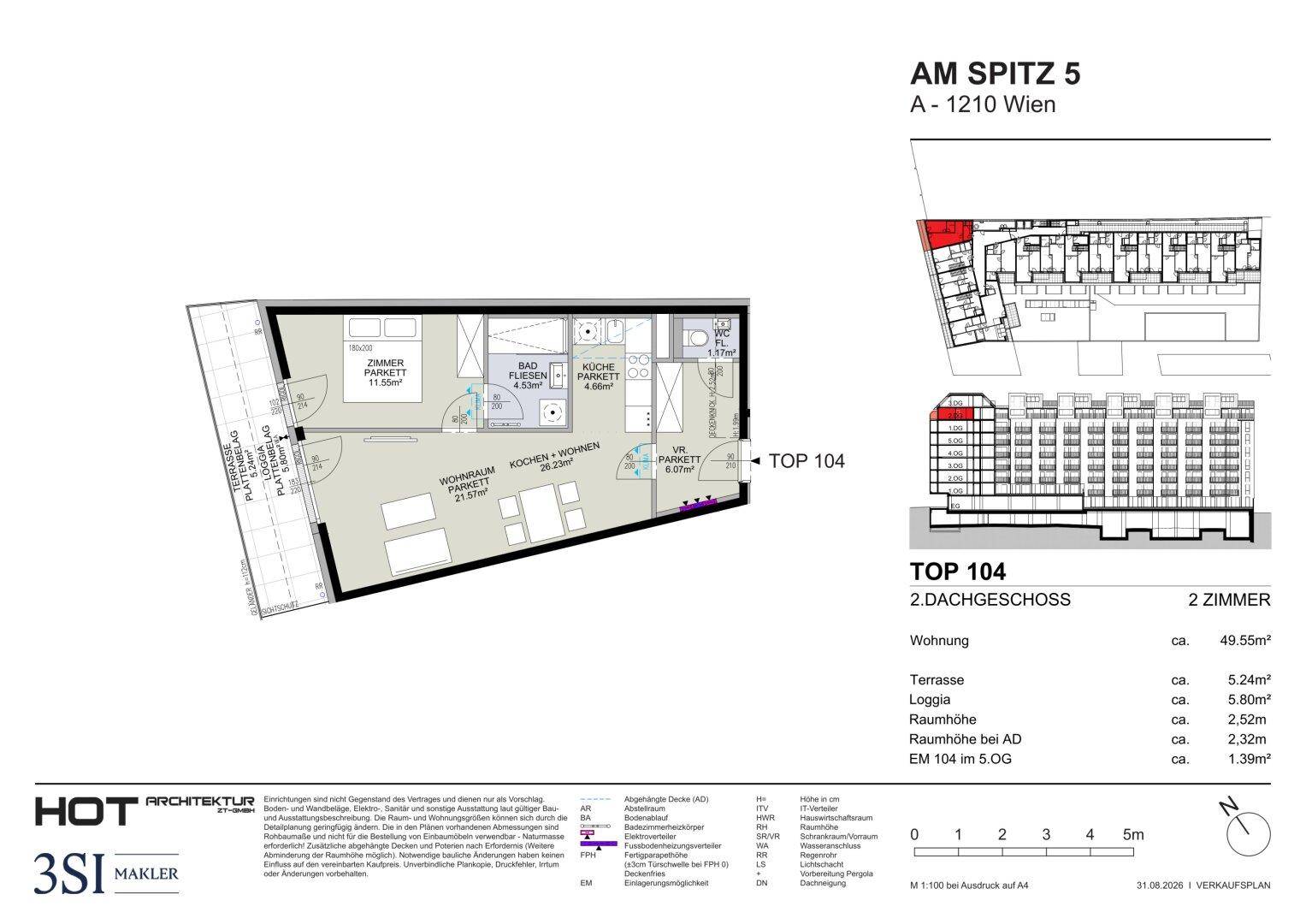 Grundrissplan einer Dachgeschosswohnung mit offener Wohnküche, Terrasse und Loggia.