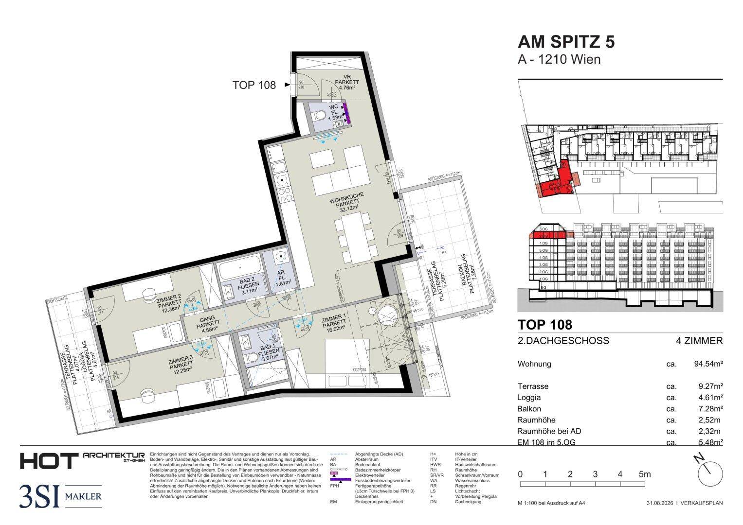 Grundriss einer 4-Zimmer-Wohnung im Dachgeschoss mit offener Wohnküche, zwei Bädern, separatem WC, Terrasse, Loggia und Balkon.