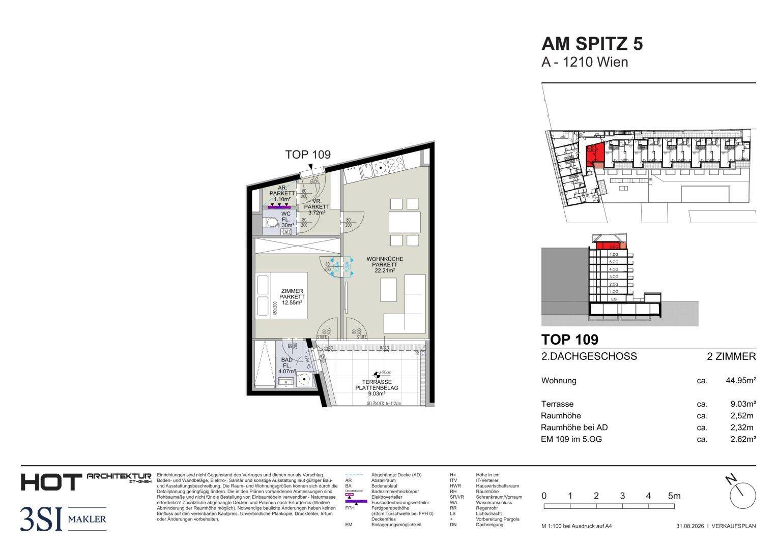 Grundriss der Wohnung TOP 109 mit offener Wohnküche, Schlafzimmer, Bad, separatem WC und Terrasse.