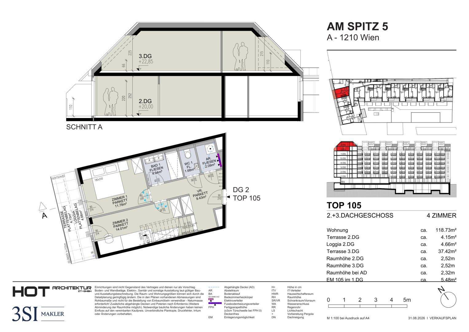 Grundriss und Schnittansicht einer Dachgeschosswohnung mit zwei Schlafzimmern, Bad, WC und Terrasse.