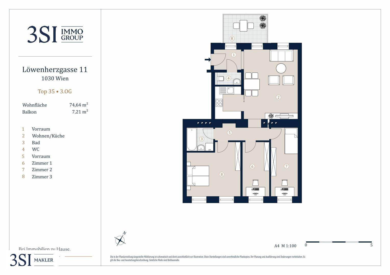 Grundriss einer Wohnung mit offenem Wohn-/Kochbereich, drei Zimmern, Bad, separatem WC und Balkon.