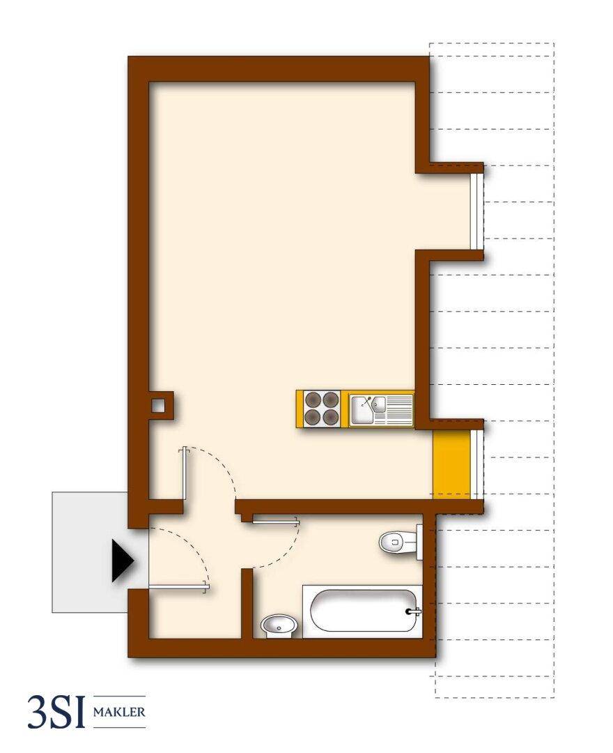 Grundriss einer Dachgeschosswohnung mit offenem Wohnbereich und separatem Bad.