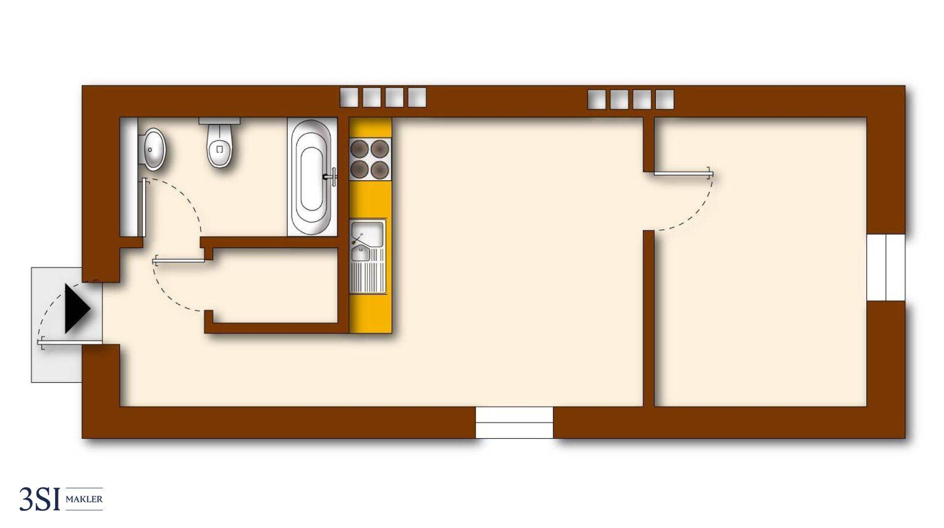 Grundriss einer Wohnung mit offenem Wohnbereich, Bad und Balkon.