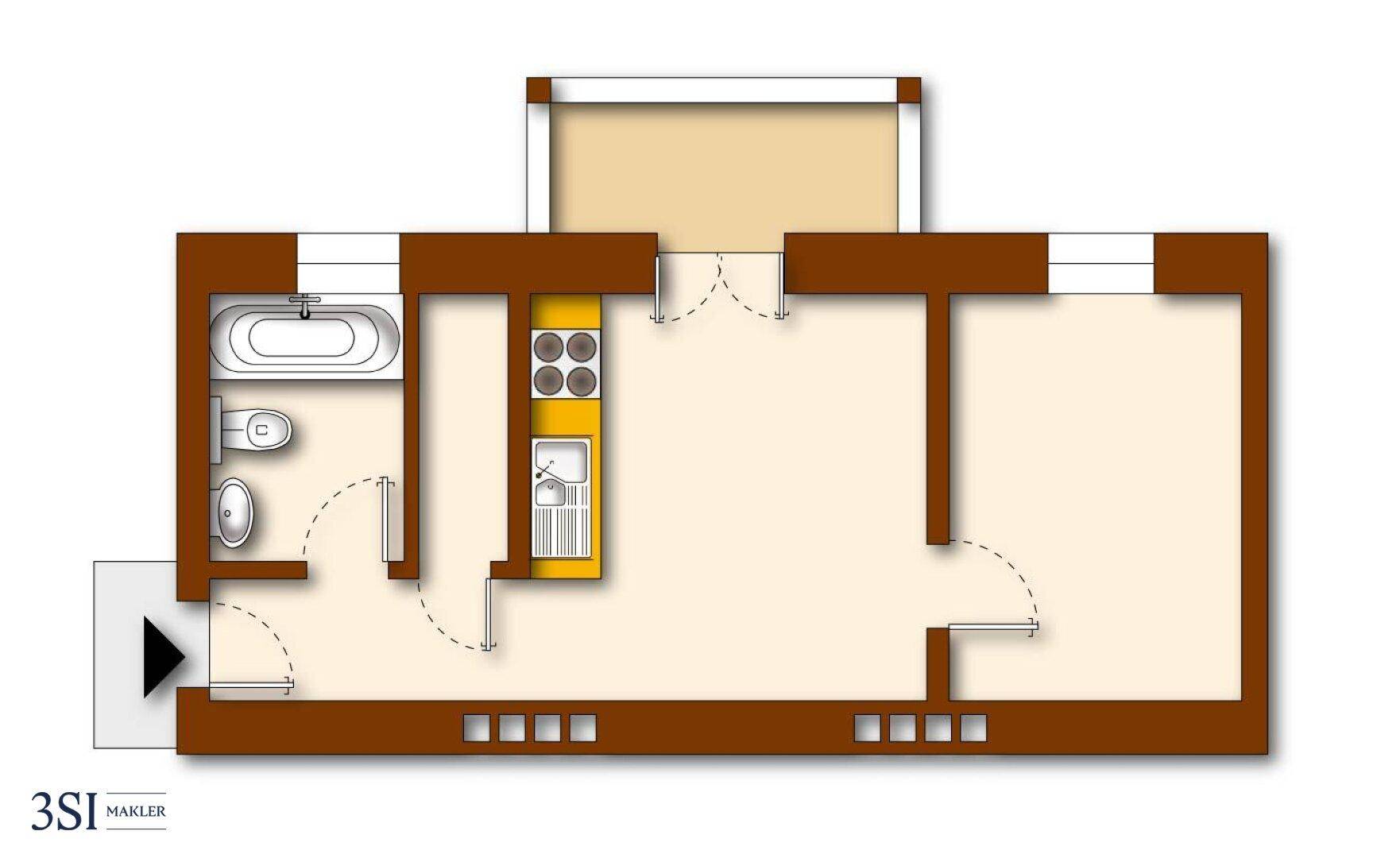 Grundriss einer Wohnung mit einem Schlafzimmer, Bad und offenem Wohnbereich.